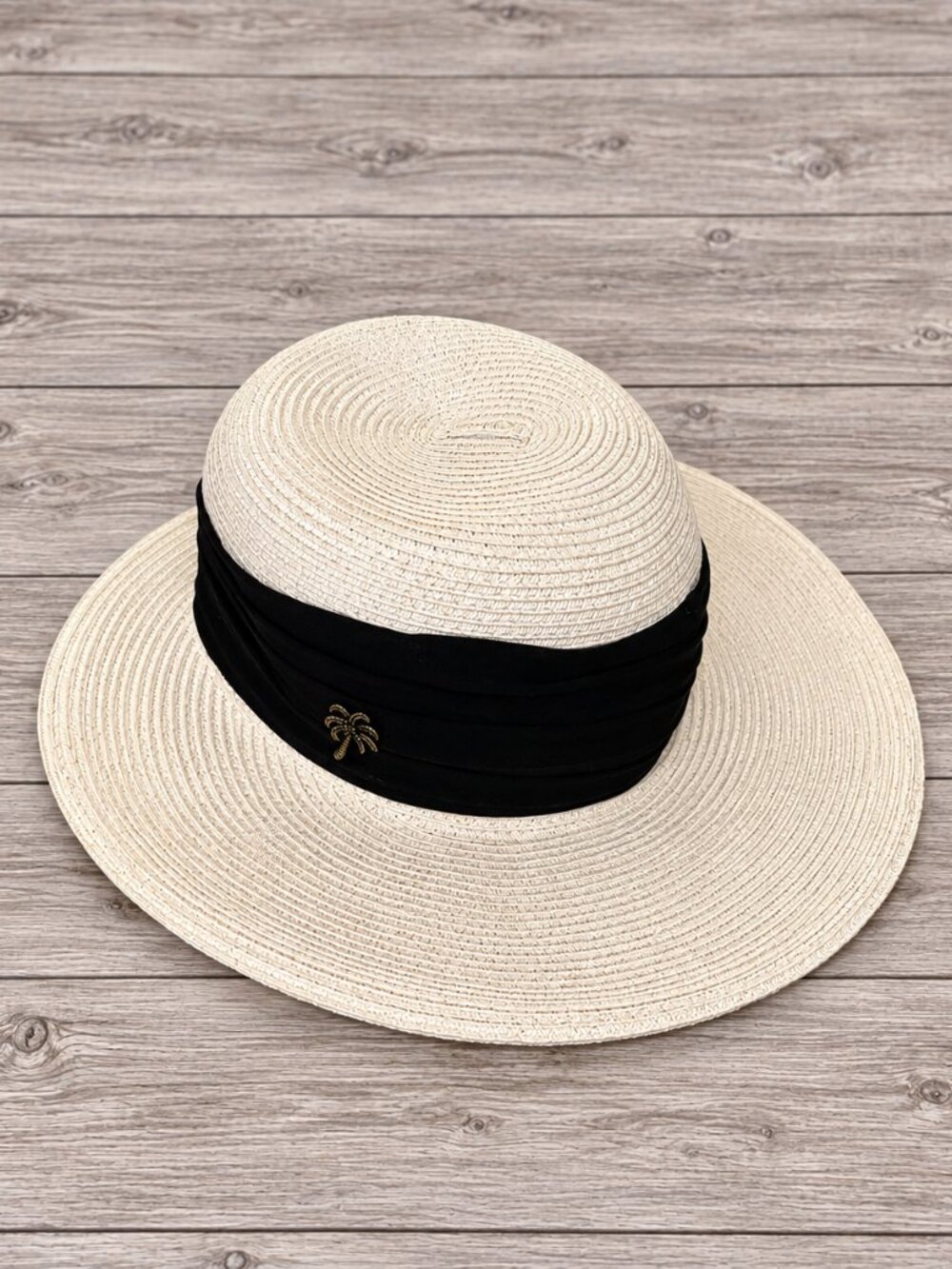 Sun N Sand Wide Brim Sun Hat UPF 50+ Ivory Black Palm Accent NWT